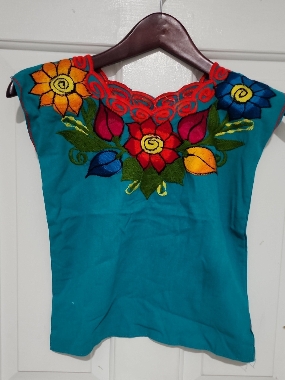 Hand-Embroidered Teal Floral Women’s Top